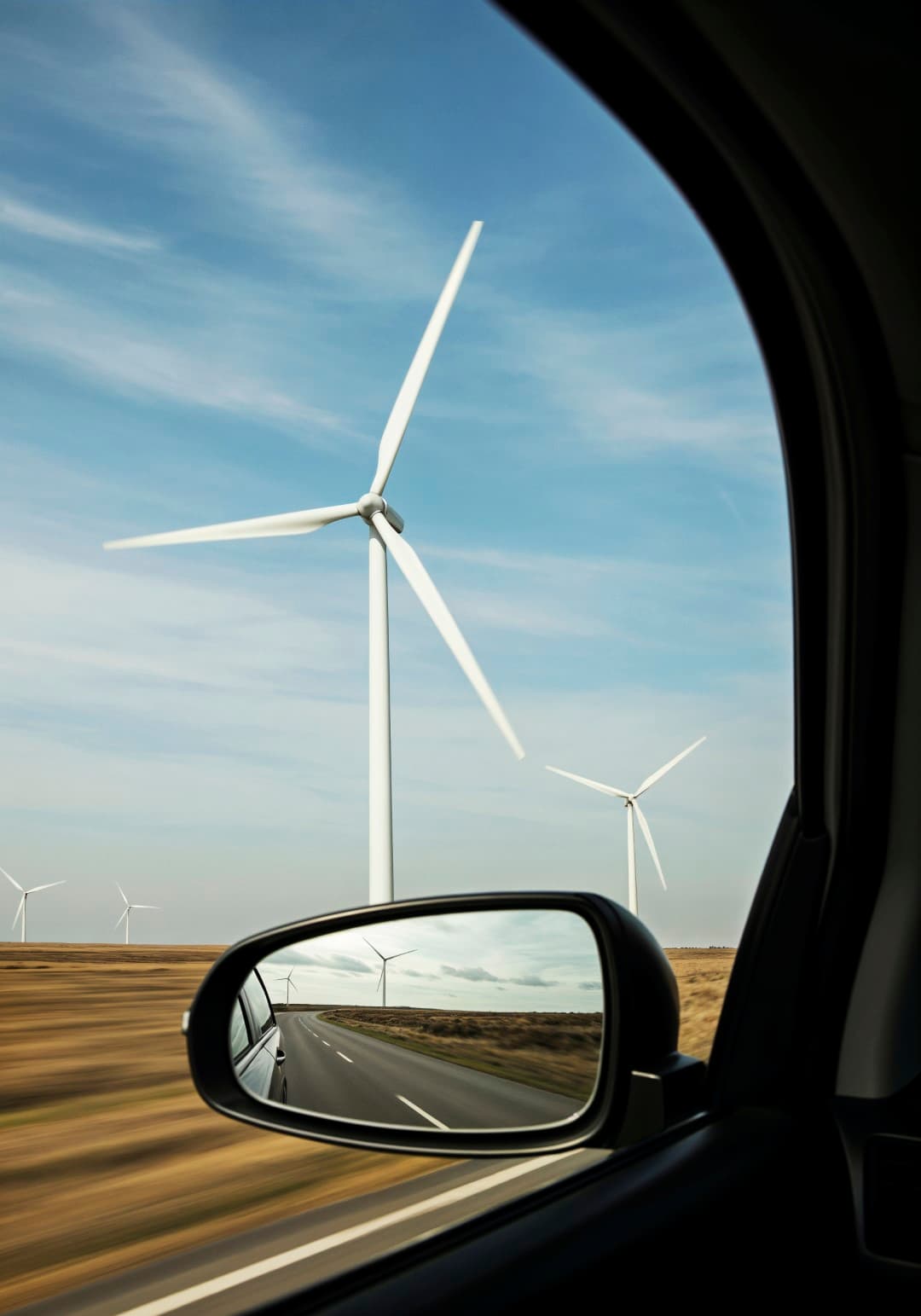 Wind turbines viewed from car